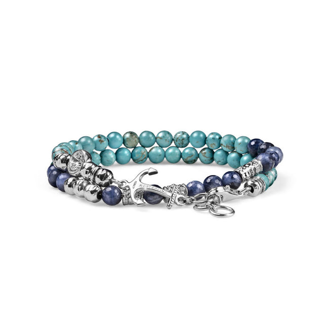 MARIA CRISTINA STERLING | BRACCIALE UOMO A DUE GIRI COLLEZIONE NEPTUNE ARGENTO SODALITE E AULITE CELESTE CIONDOLO ANCORA E MY SAINT | G2840